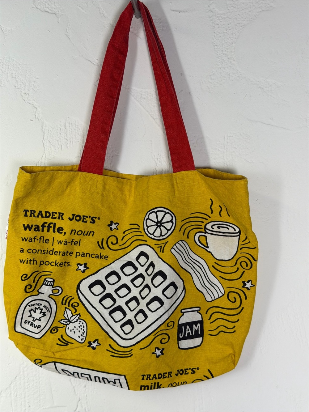 Trader Joe's Yellow Limited Edition Waffle Print Tote with Red Handles 13.5 X 18